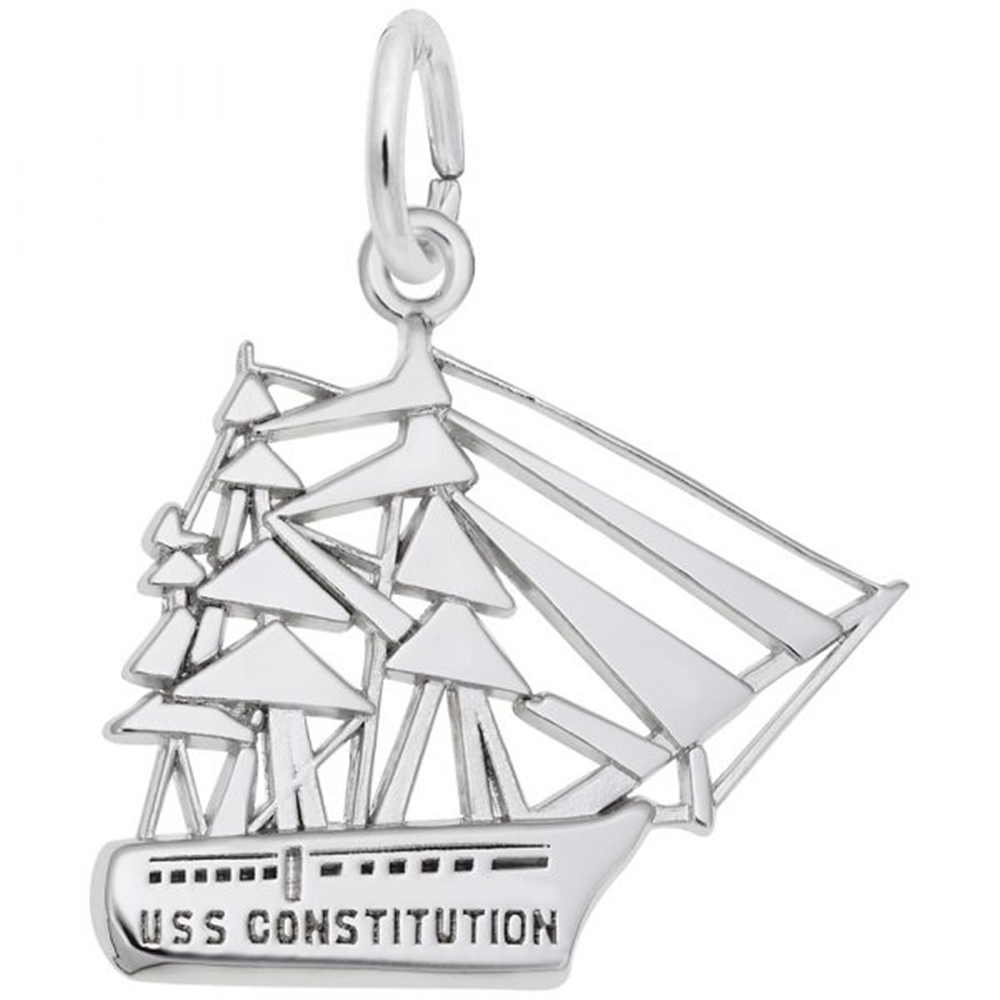 Crafted by Rembrandt Charms, the USS Constitution Charm in sterling silver features a detailed sailing ship design with "USS CONSTITUTION" engraved on the hull and a loop at the top for easy attachment to a bracelet or necklace. This nautical jewelry piece is an ideal tribute to American maritime heritage.