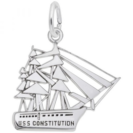 The USS Constitution - Sterling Silver Charm by Rembrandt Charms showcases a detailed depiction of the ship with sails and "USS Constitution" engraved on its side.