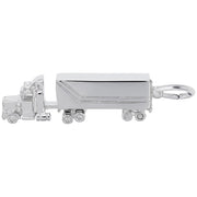 The "Semi Truck Charm" by Rembrandt Charms is crafted from sterling silver and features a detailed cab and wheels. This miniature charm includes a rectangular trailer with an O-ring clasp at the rear for easy attachment.