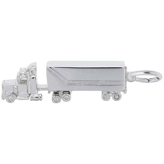 The "Semi Truck Charm" by Rembrandt Charms is crafted from sterling silver and features a detailed cab and wheels. This miniature charm includes a rectangular trailer with an O-ring clasp at the rear for easy attachment.