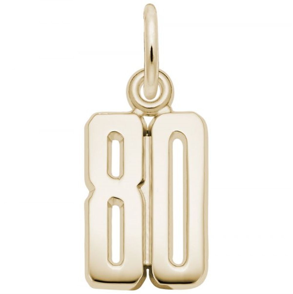 This exquisite 14k Gold Charm by Rembrandt Charms, named "That's My Number 80," is a gold pendant in the shape of the number 80 with a small loop at the top for attaching to a chain. The numbers are bold and solid with smooth, polished surfaces, proudly displaying spirit and elegance.