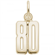 This exquisite 14k Gold Charm by Rembrandt Charms, named "That's My Number 80," is a gold pendant in the shape of the number 80 with a small loop at the top for attaching to a chain. The numbers are bold and solid with smooth, polished surfaces, proudly displaying spirit and elegance.