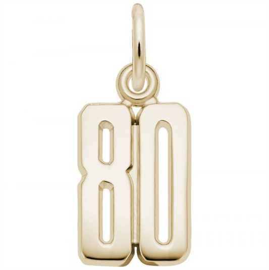 This exquisite 14k Gold Charm by Rembrandt Charms, named "That's My Number 80," is a gold pendant in the shape of the number 80 with a small loop at the top for attaching to a chain. The numbers are bold and solid with smooth, polished surfaces, proudly displaying spirit and elegance.