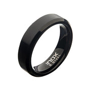 A sleek and modern men's stainless steel 6mm beveled band ring with a matte black plated finish is displayed against a white background. The inner band features an engraving that reads "INOX S STEEL." This stylish ring is available in size 9 and encapsulates a contemporary yet simple design.