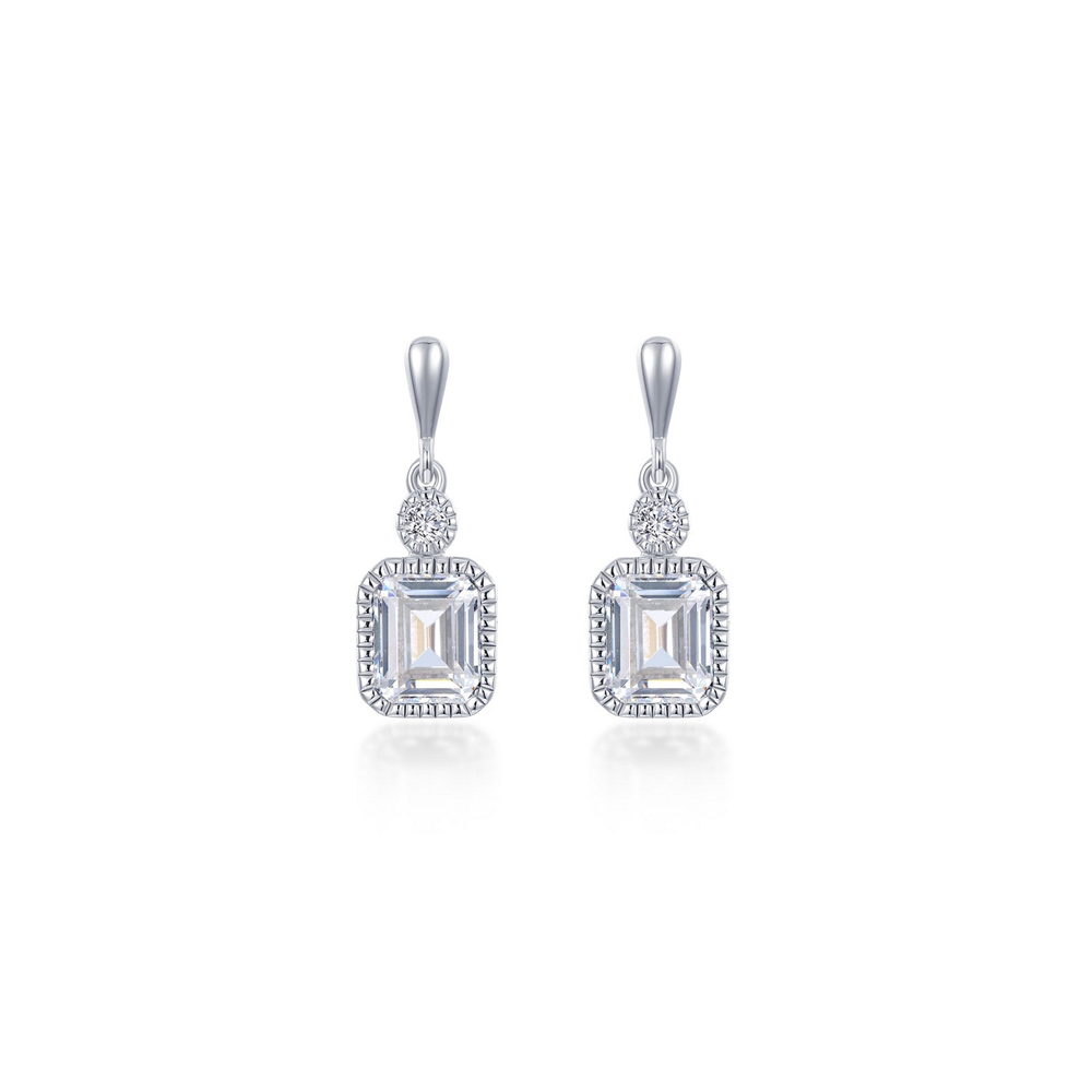 Lafonn APRIL sim diamond earrings feature elegant rectangular clear stones framed by sparkling accents, each hanging from a round stone on a sleek slender post.