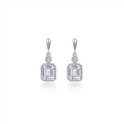 Lafonn APRIL sim diamond earrings feature elegant rectangular clear stones framed by sparkling accents, each hanging from a round stone on a sleek slender post.