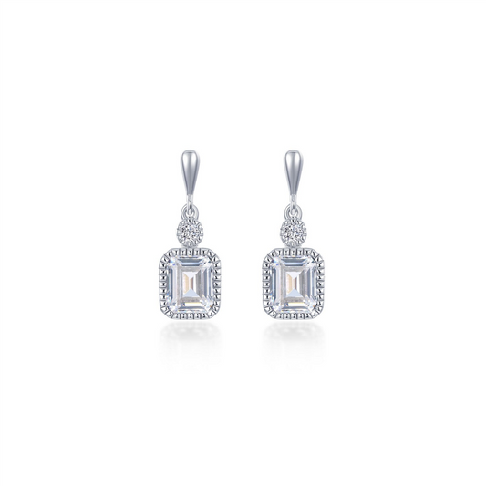 Lafonn APRIL sim diamond earrings feature elegant rectangular clear stones framed by sparkling accents, each hanging from a round stone on a sleek slender post.