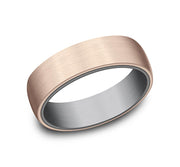 A sleek ring featuring an exterior band of Tantalum and a smooth interior band of 14K Rose Gold. This Two Layer Band from Benchmark Rings / Amarra Stone boasts a simple, modern design with a slightly domed shape. The combination of Tantalum and rose gold gives it an elegant two-tone appearance, reminiscent of the refined craftsmanship found in every Amarra Stone creation.