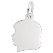 A Rembrandt Charms Girl's Head Charm / Sterling Silver. The head features subtle contours and is attached to a circular loop at the top, allowing it to be used as a pendant or keychain accessory.