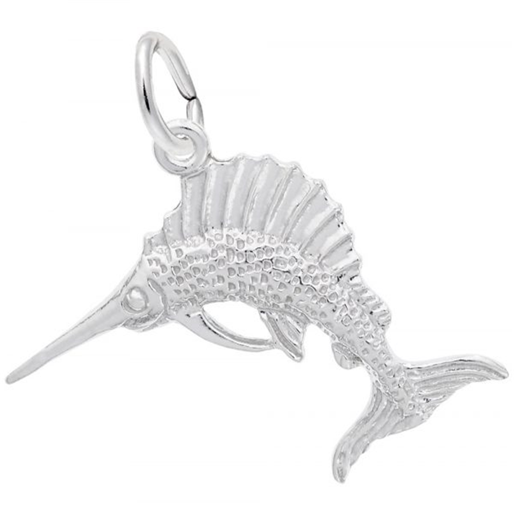 The Sailfish Charm- Sterling Silver by Rembrandt Charms is expertly crafted in the shape of a sailfish, featuring a long pointed bill, textured scales, and a curved body with a prominent dorsal fin—ideal as sport fishing jewelry or a one-of-a-kind nautical pendant.