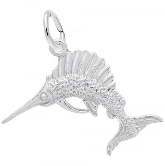 The Rembrandt Charms "SAILFISH" is a silver, fish-shaped pendant with intricate details, featuring a long snout and textured body resembling a marlin. It includes a loop for attaching to necklaces or bracelets.
