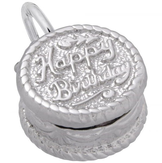 The Birthday Cake Charm in Sterling Silver by Rembrandt Charms features a round design with "Happy Birthday" engraved on its textured, rope-patterned surface. This exquisite piece is part of our charm collection and includes a small loop on top for easy attachment to either a bracelet or necklace.