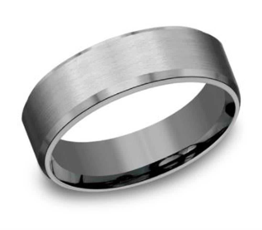 A 7mm tantalum ring with a slight beveled edge and a satin finish, featuring a smooth, reflective interior for added comfort. This exquisite piece is offered by Benchmark Rings and is known as the 7mm Tantalum with Slight Beveled Edge Satin Ring.