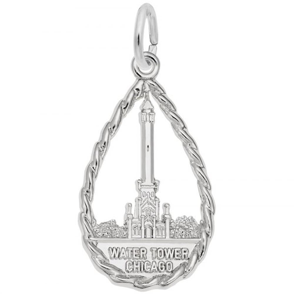 The "Chicago Water Tower Charm" by Rembrandt Charms is a sterling silver teardrop charm that features an intricate design of the Chicago Water Tower. The detailed landmark is framed by a twisted, rope-like border, with "Water Tower Chicago" engraved at the bottom.