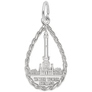 The "Chicago Water Tower Charm" by Rembrandt Charms is a sterling silver teardrop charm that features an intricate design of the Chicago Water Tower. The detailed landmark is framed by a twisted, rope-like border, with "Water Tower Chicago" engraved at the bottom.