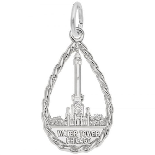 The "Chicago Water Tower Charm" by Rembrandt Charms is a sterling silver teardrop charm that features an intricate design of the Chicago Water Tower. The detailed landmark is framed by a twisted, rope-like border, with "Water Tower Chicago" engraved at the bottom.