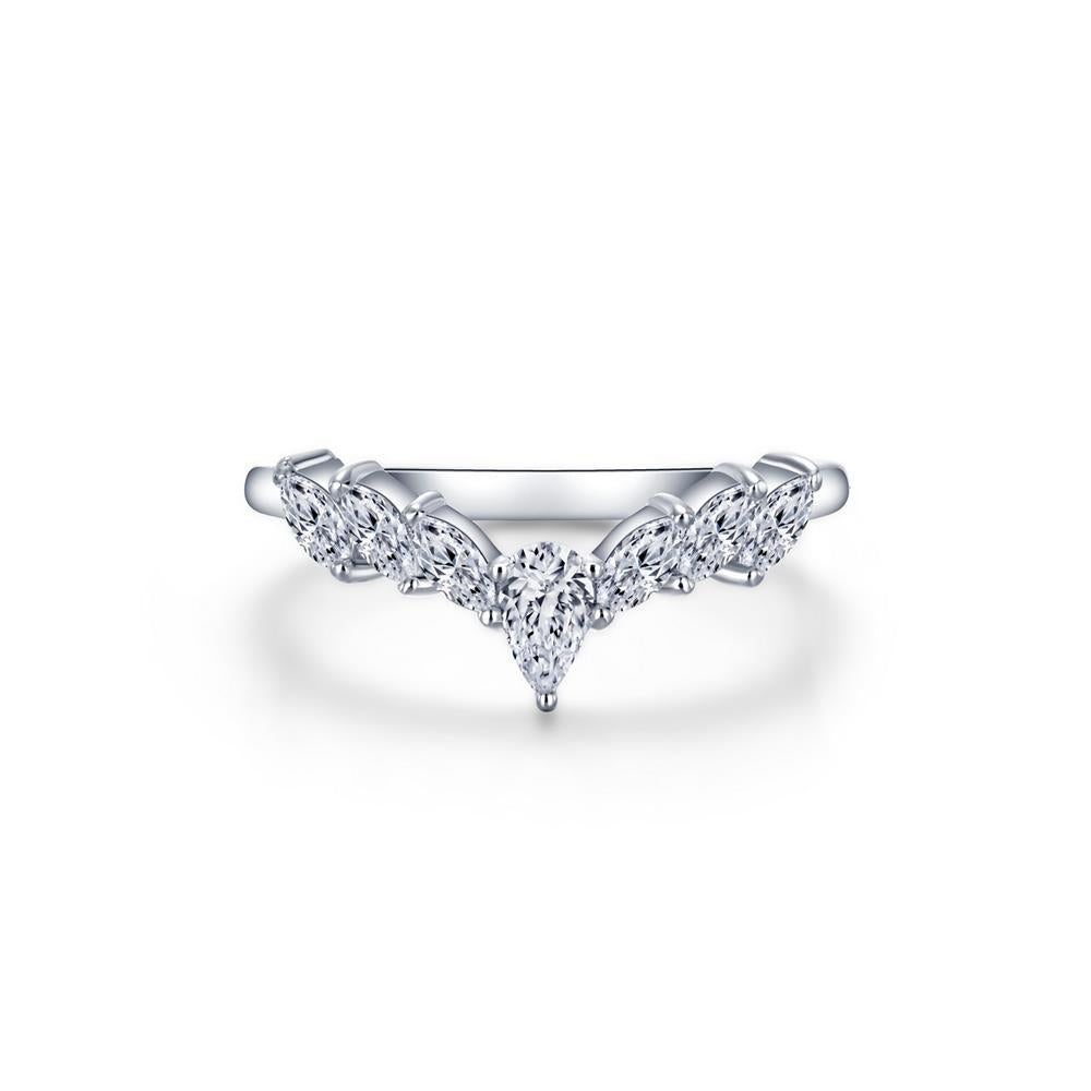 Introducing the Simple Crown Ring by Lafonn, a delicate silver ring showcasing a sophisticated V-shaped design. This elegant piece features a row of five marquise-cut clear gemstones set along the top, gradually increasing in size toward the center to create a symmetrical and refined pattern. The polished band enhances its graceful beauty, making this ring an exquisite addition to any collection.