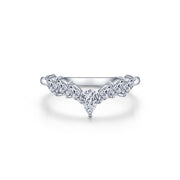 Introducing the Simple Crown Ring by Lafonn, a delicate silver ring showcasing a sophisticated V-shaped design. This elegant piece features a row of five marquise-cut clear gemstones set along the top, gradually increasing in size toward the center to create a symmetrical and refined pattern. The polished band enhances its graceful beauty, making this ring an exquisite addition to any collection.