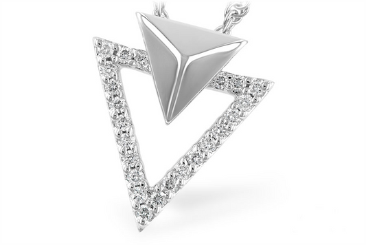 The Allison Kaufman Double Triangle 14k White Gold and Diamond Pendant features a 3D pyramid atop an open, diamond-encrusted triangle, elegantly suspended from a delicate white gold chain.