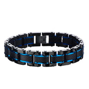 The INOX Men's Stainless Steel Black IP, Blue IP Link Bracelet showcases a sleek and modern rectangular link design. It features a combination of glossy Black IP and Blue IP elements for a stylish, contemporary look, complete with a secure clasp and visible metallic bolt accents on each link.