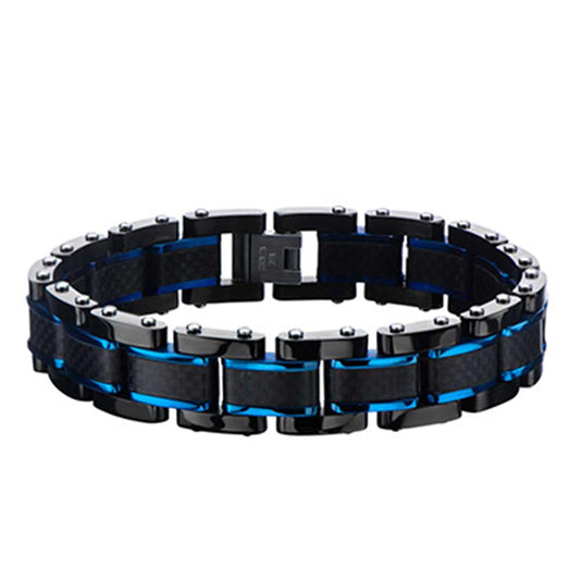 The INOX Men's Stainless Steel Black IP, Blue IP Link Bracelet showcases a sleek and modern rectangular link design. It features a combination of glossy Black IP and Blue IP elements for a stylish, contemporary look, complete with a secure clasp and visible metallic bolt accents on each link.