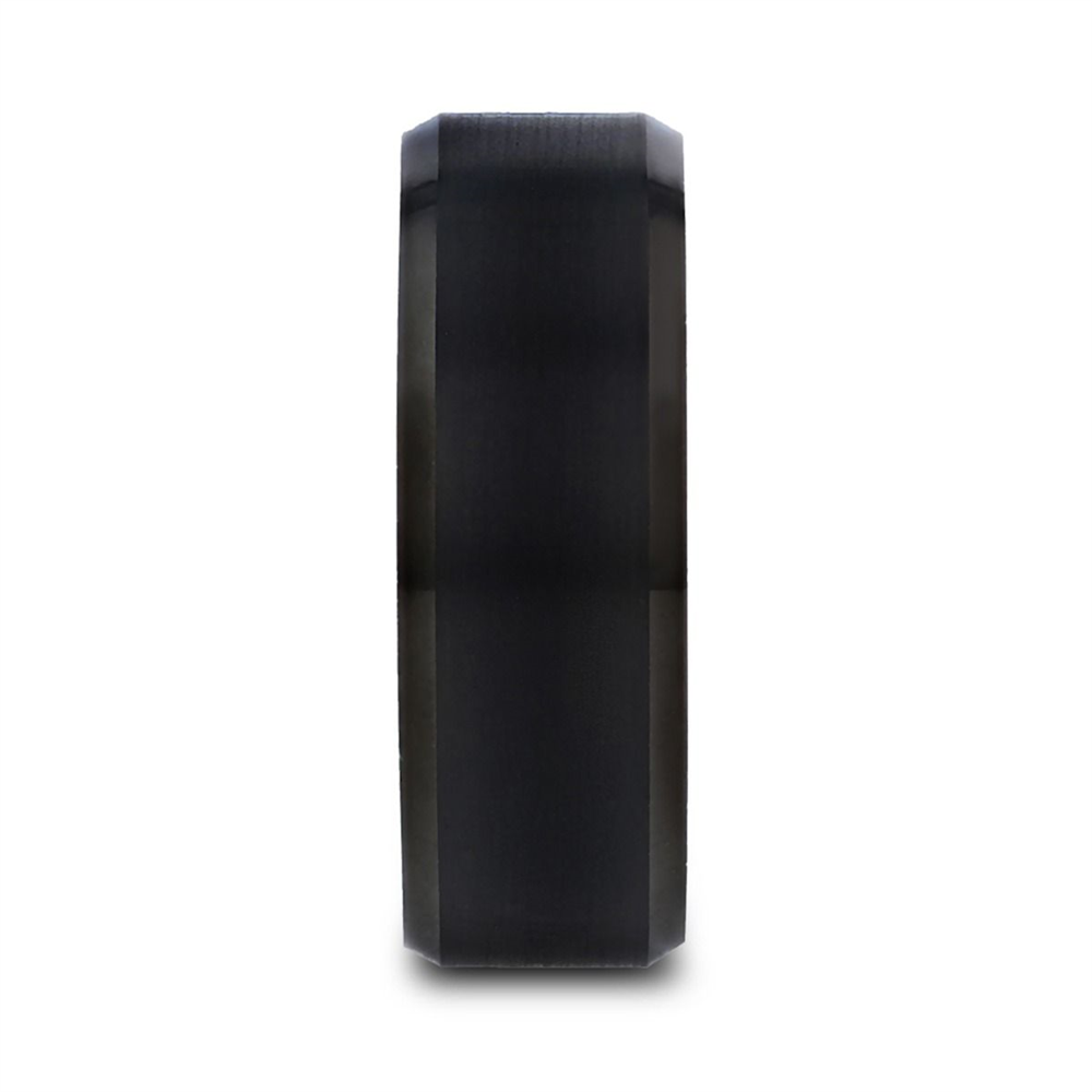 The ELISE Black Tungsten Ring by Thorsten, viewed from the side, showcases its shiny brush-finished center and polished beveled edges. The ring boasts a minimalist and modern design with a smooth and reflective surface.