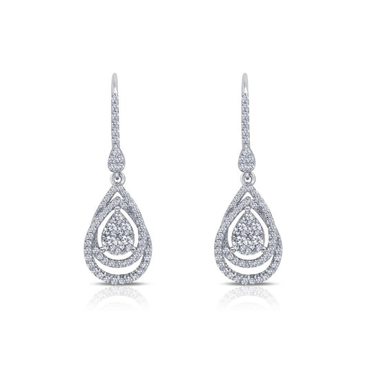 The Double Loop Drop Earrings by Lafonn are an elegant accessory encrusted with small diamonds. Featuring a teardrop-shaped design, they showcase a larger teardrop encircling a smaller one, both adorned with sparkling diamonds. Hanging from delicate hooks embellished with diamonds, these exquisite earrings are crafted in sterling silver.