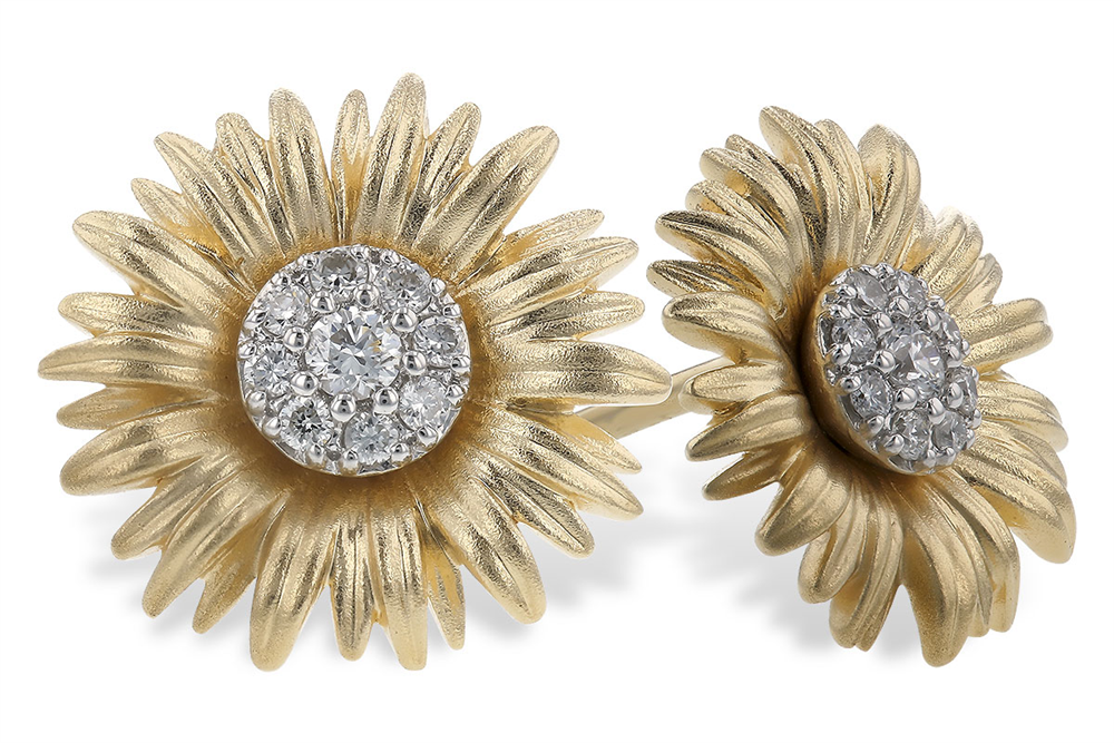 The Diamond 14K Yellow Gold Sunflower Stud Earrings by Allison Kaufman showcase intricately detailed petals and centers adorned with small sparkling diamond stones.