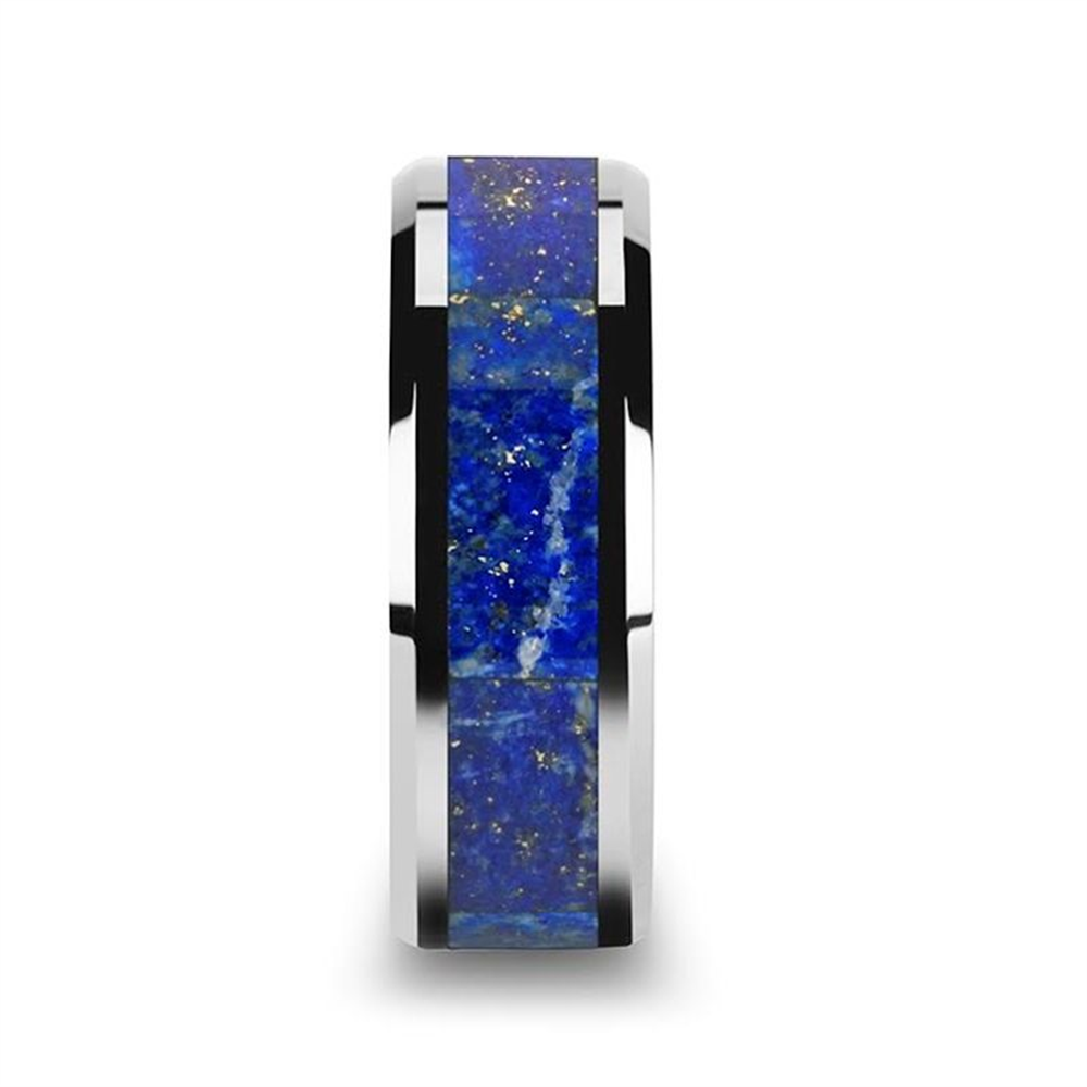 The Thorsten OSIAS Polished Tungsten Wedding Band boasts a striking blue lapis inlay accented with gold flecks. The central stripe of shimmering blue stone creates a beautiful contrast with the polished metal, enhanced by beveled edges for added sophistication.