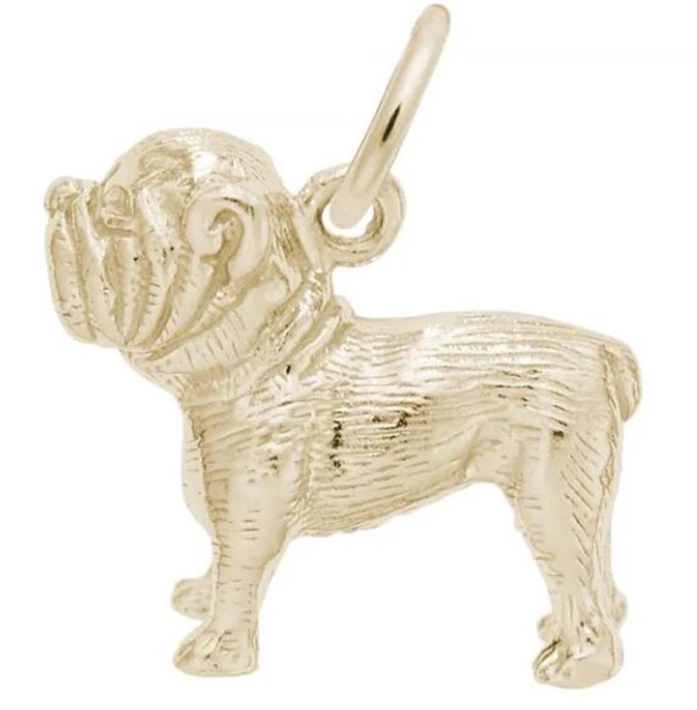 The Rembrandt Charms Bulldog Charm in Gold Plated Sterling Silver captures the bulldog's iconic wrinkles and robust posture in a small, detailed pendant. The charm comes with a circular loop at the back, perfect for attachment to a chain or bracelet.