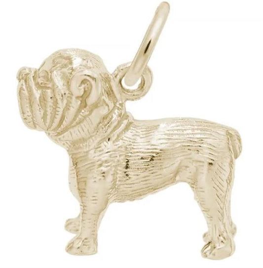 The Rembrandt Charms Bulldog Charm in Gold Plated Sterling Silver captures the bulldog's iconic wrinkles and robust posture in a small, detailed pendant. The charm comes with a circular loop at the back, perfect for attachment to a chain or bracelet.