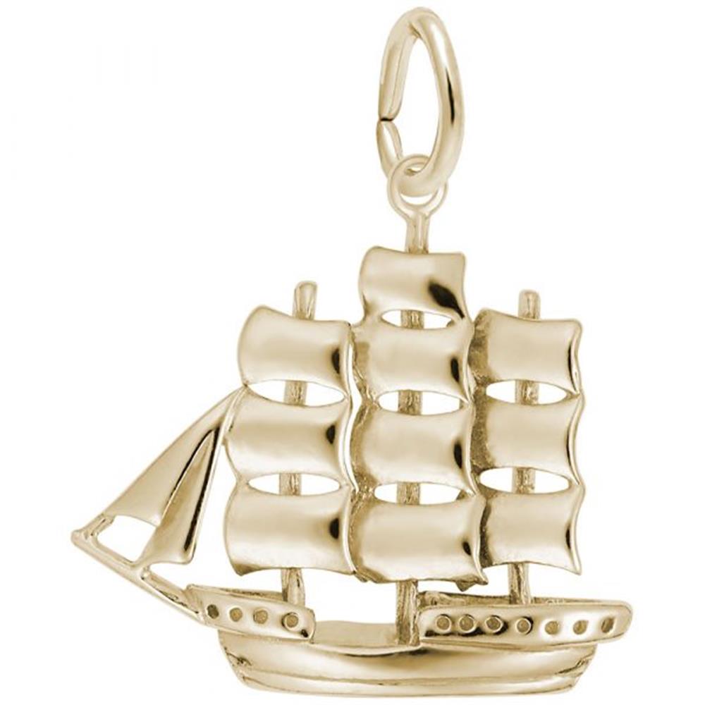 The Rembrandt Charms Sailboat Charm is a gold-plated sterling silver pendant shaped like a traditional sailing ship with three sails and detailed rigging. It features a small, round loop at the top for attaching to a chain.