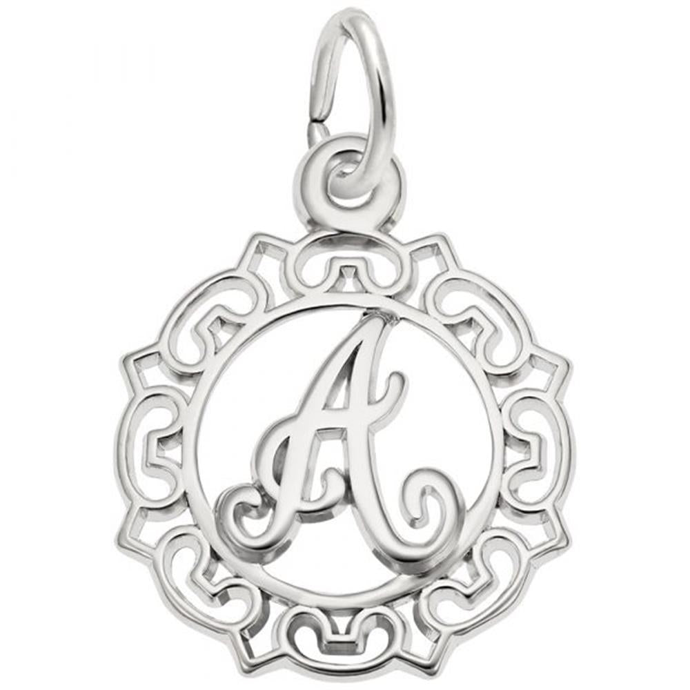The Rembrandt Charms Ornate Letter "A" Charm in sterling silver showcases a decorative, cursive-font letter "A" with an intricate filigree border. The pendant features a small loop at the top, perfect for attaching to a chain or bracelet.