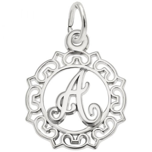 The Rembrandt Charms Ornate Letter "A" Charm in sterling silver showcases a decorative, cursive-font letter "A" with an intricate filigree border. The pendant features a small loop at the top, perfect for attaching to a chain or bracelet.