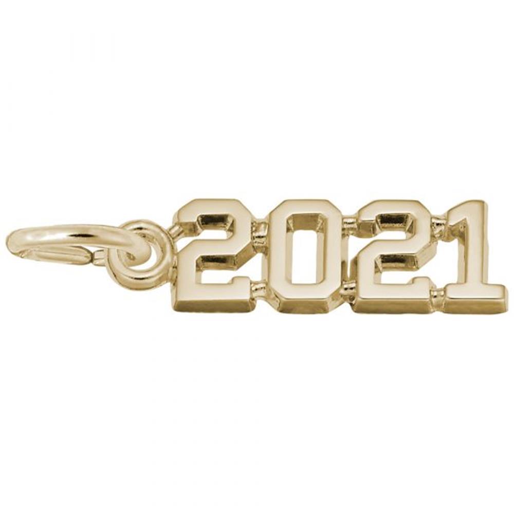 The Year 2021 Charm by Rembrandt Charms features a bold, blocky font and is crafted from gold-plated sterling silver. This elegant charm has a shiny finish and includes a small loop on the left, making it perfect for attaching to a necklace or bracelet for an added touch of sophistication to your jewelry collection.