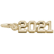 The Year 2021 Charm by Rembrandt Charms features a bold, blocky font and is crafted from gold-plated sterling silver. This elegant charm has a shiny finish and includes a small loop on the left, making it perfect for attaching to a necklace or bracelet for an added touch of sophistication to your jewelry collection.