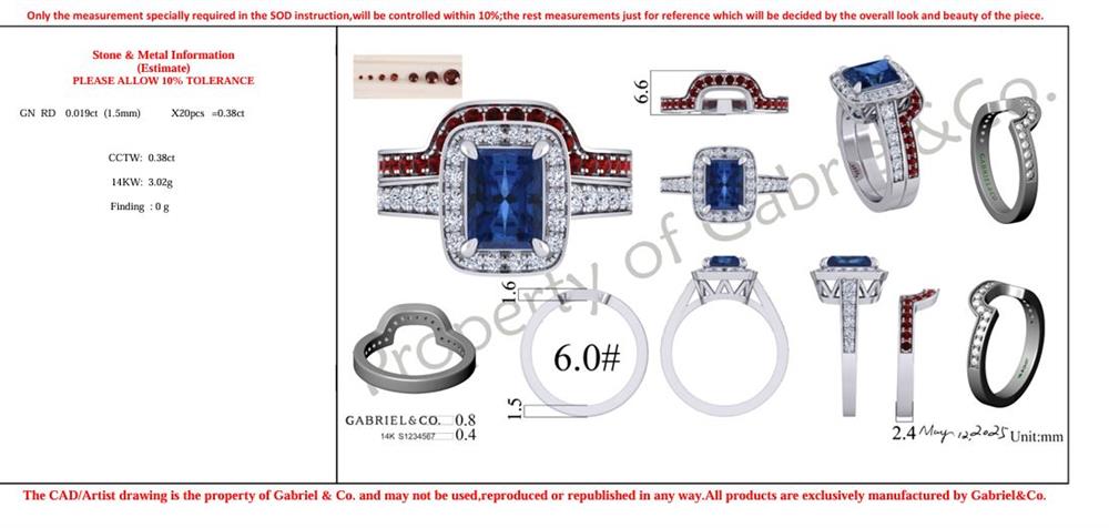 A Gabriel & Co design sheet for 2 garnet bands featuring a ring with a large rectangular blue gemstone, red baguette stones, round diamonds, technical drawings, measurements, and the Gabriel & Co logo.