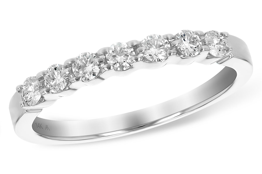 Allison Kaufman presents the Ladies Diamond Wedding Ring in white gold, featuring 7 shimmering diamonds totaling 0.33 carats, elegantly set in a row. The smooth, polished band is engraved inside with "14K".