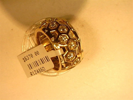 A Ryan Gems Diamond Eternity Honeycomb band in 14k yellow gold, size 7.75, is shown on a light surface. The attached price tag reads "$6370.00" with code "R124860.