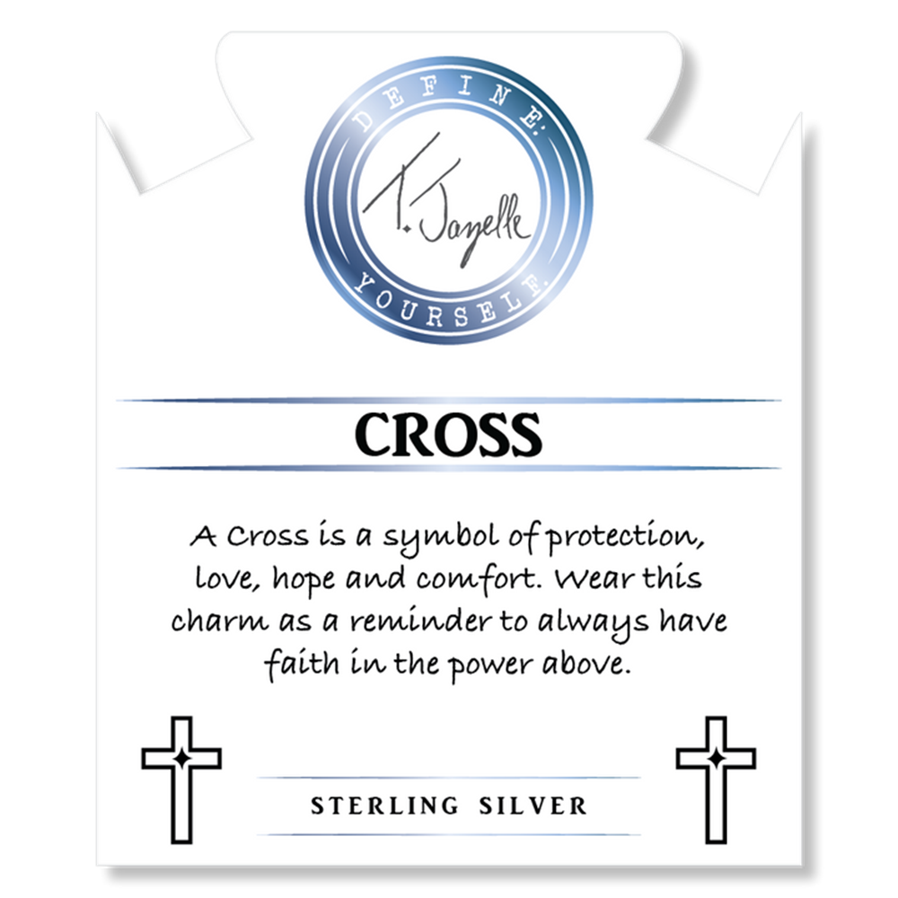 White card with blue accents displays "CROSS" and describes it as a symbol of protection, love, hope, and comfort. Includes two cross icons, "STERLING SILVER" label—perfect for the T Jazelle Moonstone Gemstone Bracelet with Cross CZ Sterling Silver Charm.