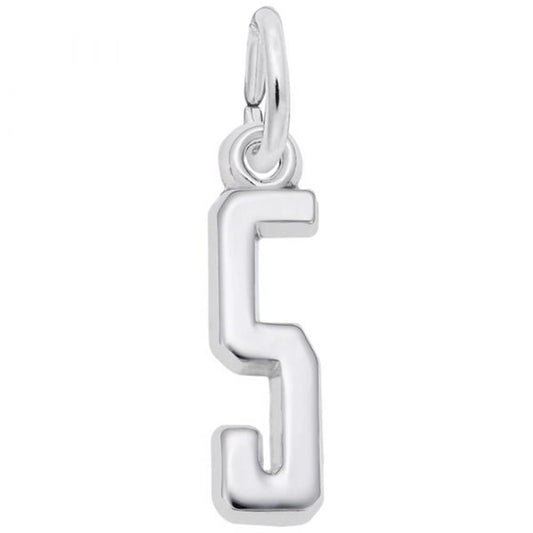Introducing the Number 5 Charm from Rembrandt Charms: a sleek, modern pendant crafted from shiny sterling silver. This charm features the number 5 with a smooth, polished finish and includes a small, circular loop at the top for easy attachment to your favorite chain or bracelet.