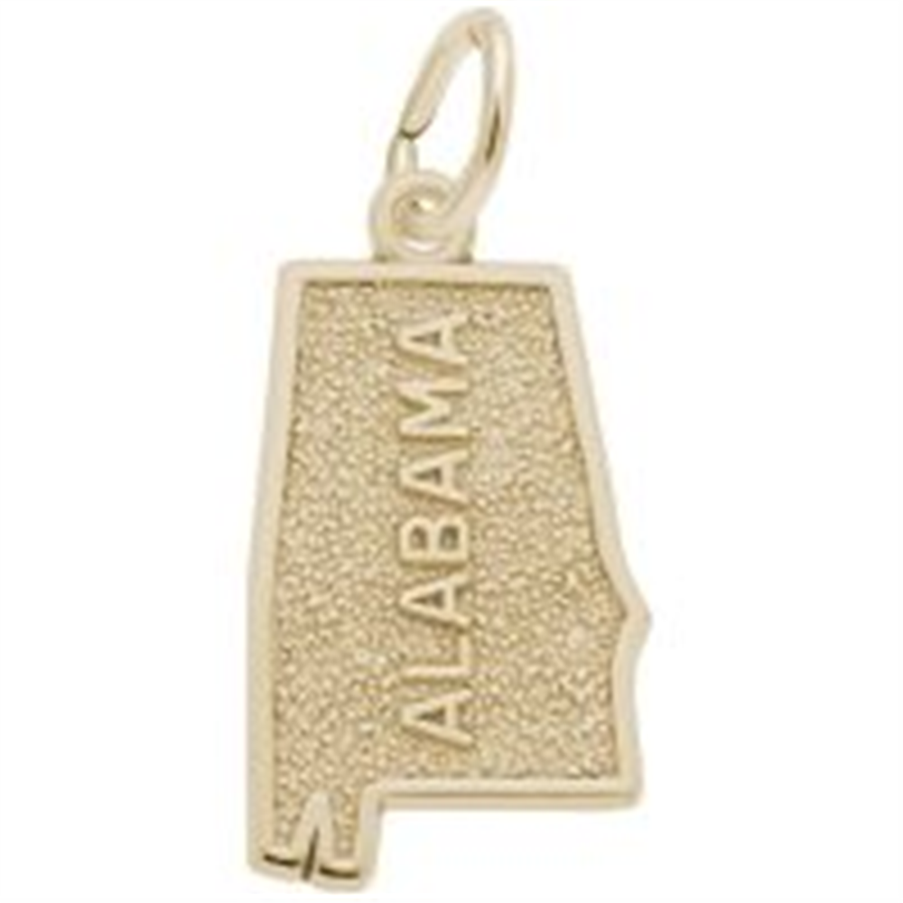 Rembrandt Charms' Alabama Gold Plated Charm features a captivating Alabama-shaped design with "ALABAMA" engraved vertically.