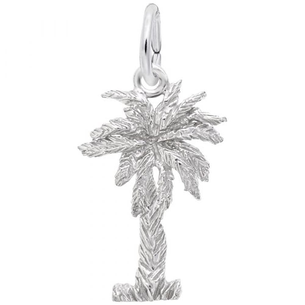 A detailed image of the Sterling Silver Palmetto Tree Charm by Rembrandt Charms. This charm features an intricately detailed Palmetto tree, measuring 0.46 inches by 0.71 inches (11.75 mm by 18 mm). The charm has a polished sterling silver finish, perfect for adding a touch of natural elegance to any charm bracelet or necklace. Style number 3913.