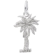 A detailed image of the Sterling Silver Palmetto Tree Charm by Rembrandt Charms. This charm features an intricately detailed Palmetto tree, measuring 0.46 inches by 0.71 inches (11.75 mm by 18 mm). The charm has a polished sterling silver finish, perfect for adding a touch of natural elegance to any charm bracelet or necklace. Style number 3913.