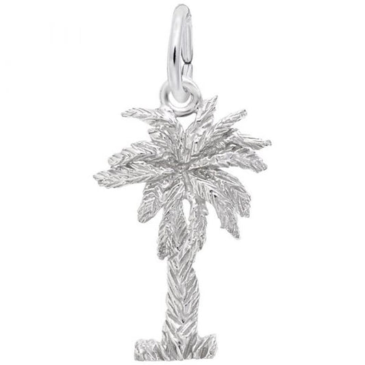 A detailed image of the Sterling Silver Palmetto Tree Charm by Rembrandt Charms. This charm features an intricately detailed Palmetto tree, measuring 0.46 inches by 0.71 inches (11.75 mm by 18 mm). The charm has a polished sterling silver finish, perfect for adding a touch of natural elegance to any charm bracelet or necklace. Style number 3913.