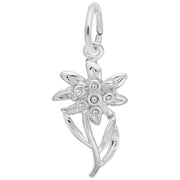 A detailed image of the Sterling Silver Edelweiss Charm by Rembrandt Charms. This charm features an intricately detailed Edelweiss flower, measuring 0.42 inches by 0.75 inches (10.74 mm by 19.12 mm). The charm has a polished sterling silver finish, perfect for adding a touch of alpine elegance to any charm bracelet or necklace. Style number 2339.