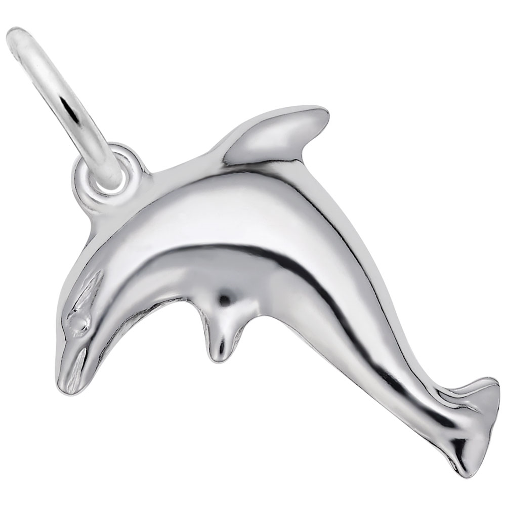The Standing Dolphin - Sterling Silver Charm by Rembrandt Charms features a gracefully curved design, showcasing a polished and streamlined aesthetic. With a small loop at the top for attaching to a necklace or bracelet, this elegant charm makes a delightful addition to any jewelry collection.