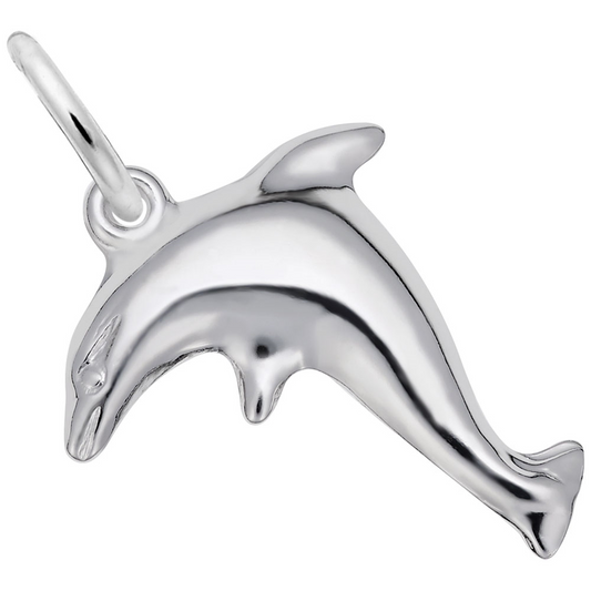 The Standing Dolphin - Sterling Silver Charm by Rembrandt Charms features a gracefully curved design, showcasing a polished and streamlined aesthetic. With a small loop at the top for attaching to a necklace or bracelet, this elegant charm makes a delightful addition to any jewelry collection.