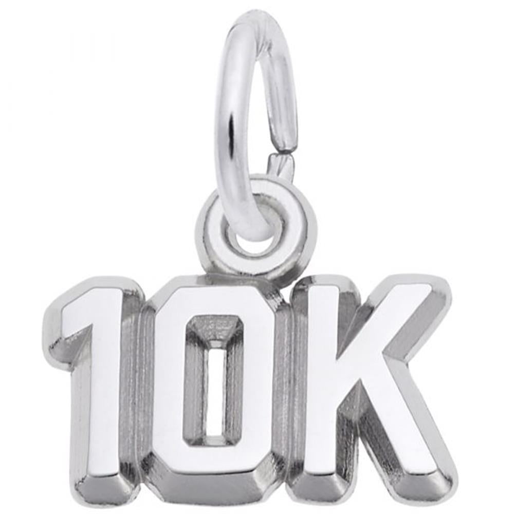 A silver pendant in the shape of the numbers and letter "10K," reminiscent of a 10K Race Charm / Sterling Silver by Rembrandt Charms. Crafted from sterling silver, the "0" is an open ring with a small loop on top, perfect for hanging from a chain or bracelet. The pendant boasts a polished, shiny finish.