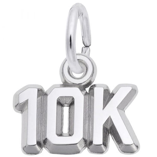 A silver pendant in the shape of the numbers and letter "10K," reminiscent of a 10K Race Charm / Sterling Silver by Rembrandt Charms. Crafted from sterling silver, the "0" is an open ring with a small loop on top, perfect for hanging from a chain or bracelet. The pendant boasts a polished, shiny finish.